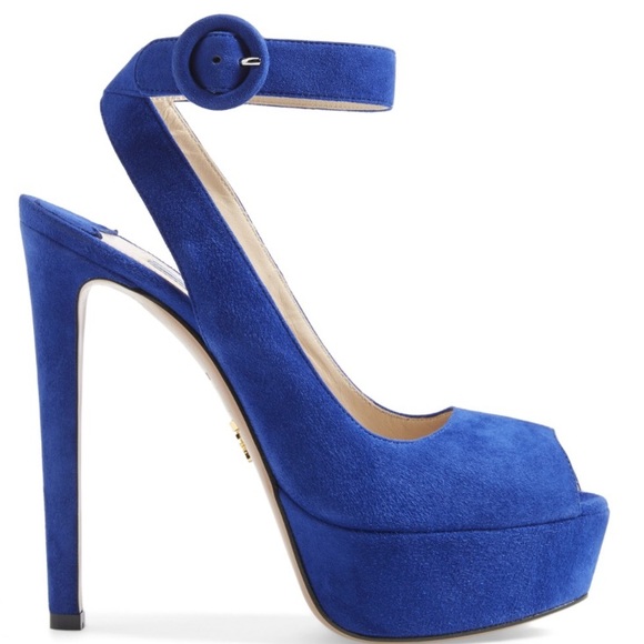 Prada Blue Suede Peep Toe Ankle Strap Platform Sandal - Picture 2 of 4