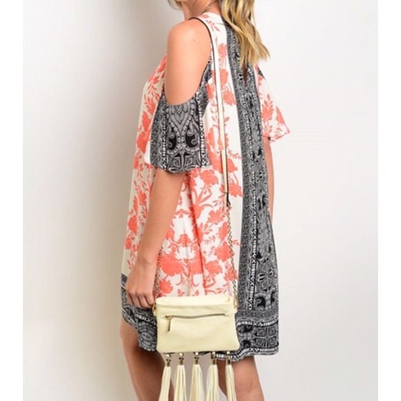 Salmon & Black Cold Shoulder Dress - Picture 2 of 4