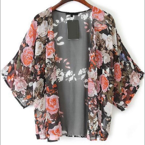 Black Vintage Floral Chiffon Kimono