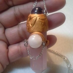 Rose Quartz, Amethyst, clay pendant