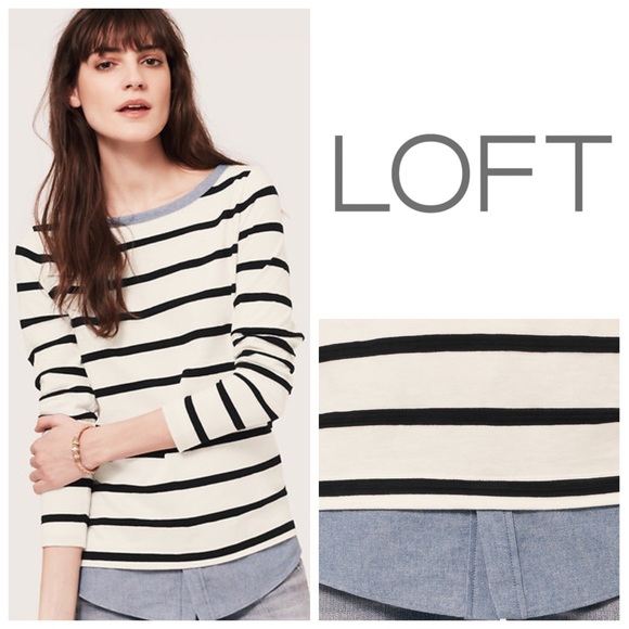 NWOT LOFT Striped Crewneck with Denim Shirttail