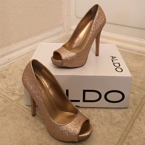 Aldo Gold Glitter Peep-Toe Platform Heels