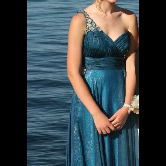 One shoulder Teal Prom dress