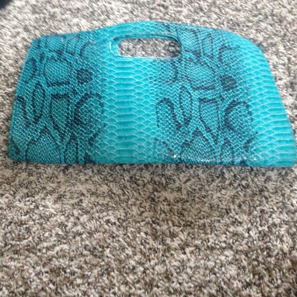 Turquoise snake skin clutch