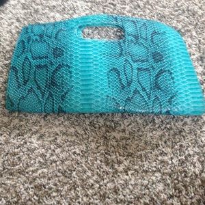 Turquoise snake skin clutch