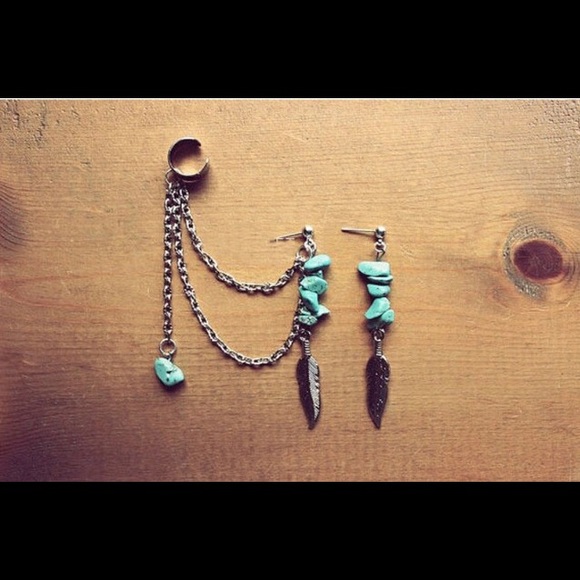 Turquoise tassel earrings & ear cuff