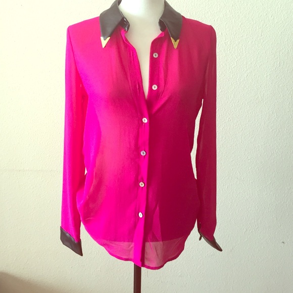 Hot Pink button down with Leather cuff and collar