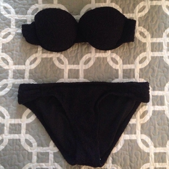 Black strapless lace swim suit