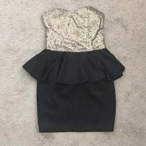 Gold sequin peplum open back mini dress