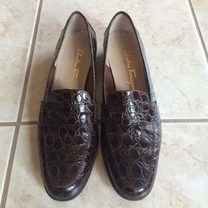 Salvatore Ferragamo Dark Brown Croc Loafers