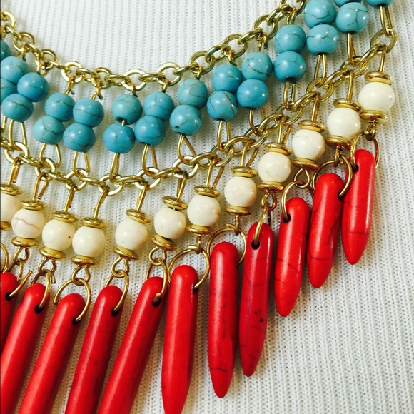 Turquoise Ivory red spike fringe western necklace - Picture 2 of 2