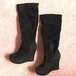 Black Knee Hugh Faux Suede Wedge Boots
