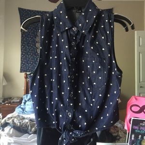 Sleeveless dark wash denim button down