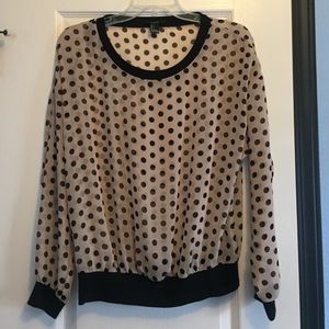 Sheer, nude blouse with black polka dots