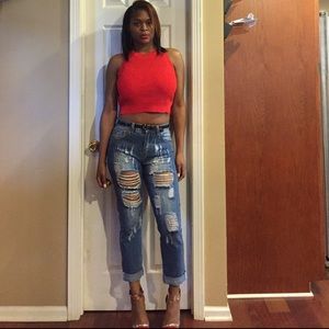 Denim distressed high waist boyfriend jeans