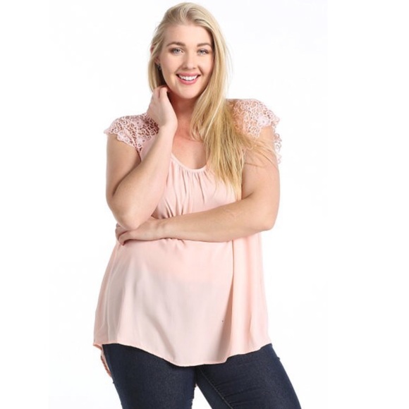 Tops - Peach plus size shirt with lace sleeves