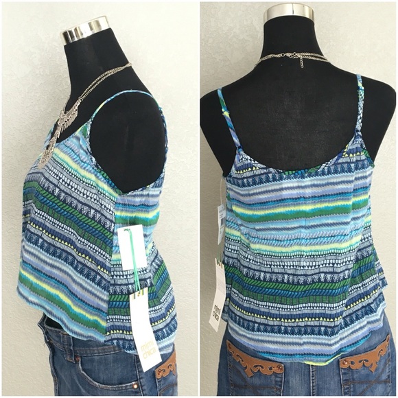 Mimi Chica Tribal Blue Green Hi Lo Cropped Top NWT - Picture 2 of 3