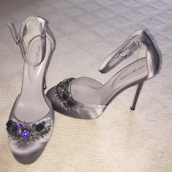 Gray silk 4 inch heels with rhinestones