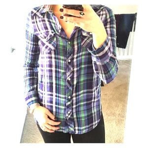 Purple and green plaid button up