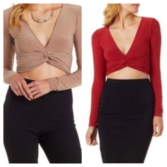 Plunging Long Sleeve Knot Crop Tops