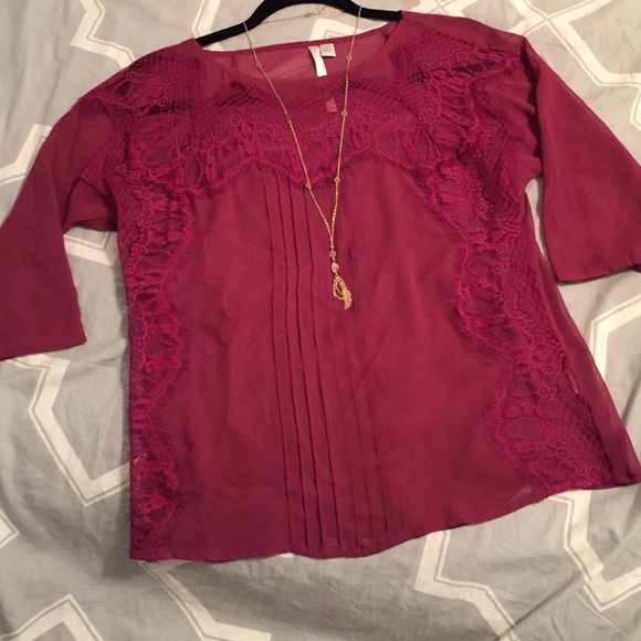 Burgundy sheer and lace Lauren Conrad top