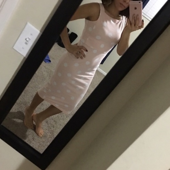 ASOS pink and white polka dot midi sheath dress