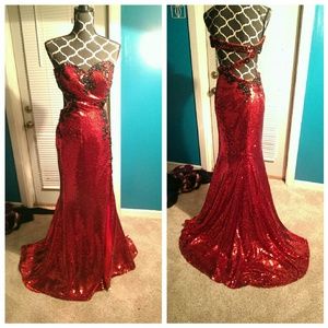 Fully sequined Red black Train pageant prom gown