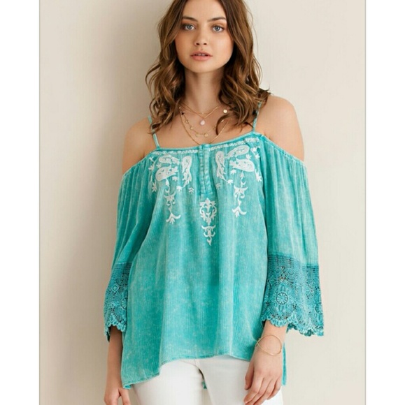 Turquoise cold shoulder top - Picture 2 of 2