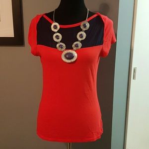 Red t-shirt with navy color block