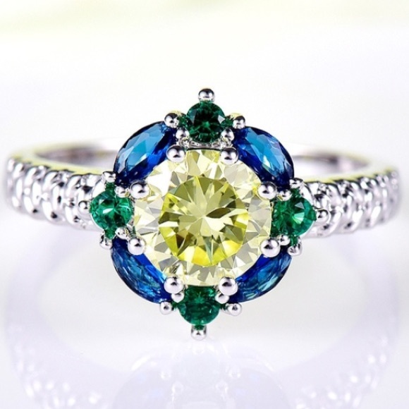 14k White Gold Yellow, Blue & Green Gemstone Ring