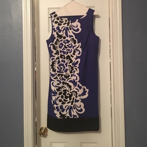 Blue dress with white and black pattern