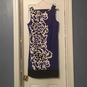 Blue dress with white and black pattern