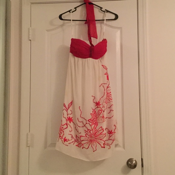 Red and white floral cocktail dress
