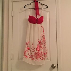 Red and white floral cocktail dress
