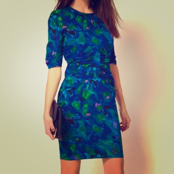 Whistles (UK) blue green silk body con dress.
