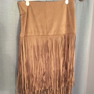 New York & Company Camel Suede Fringe Skirt