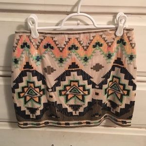 Express Tribal Print Sequin Skirt