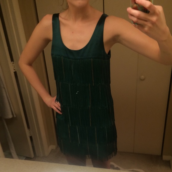 LaRok size S Teal Fringe Mini Dress - Picture 3 of 4