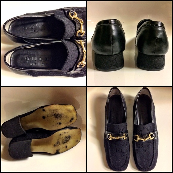 GUCCI Black Canvas Monogram Logo Loafers Shoes - Picture 3 of 4