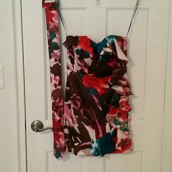 Express strapless watercolor dress w/ side ruffles - Picture 2 of 3