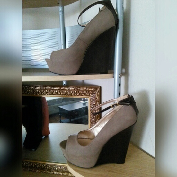 Taupe peep toe wedges