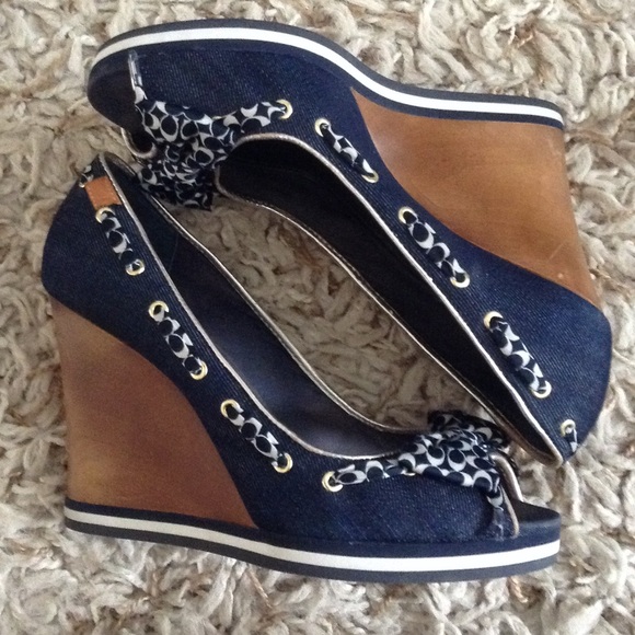 Coach peep-toe denim wedge