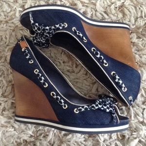 Coach peep-toe denim wedge