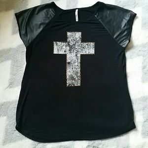 Blinged out Cross top top with faux leather