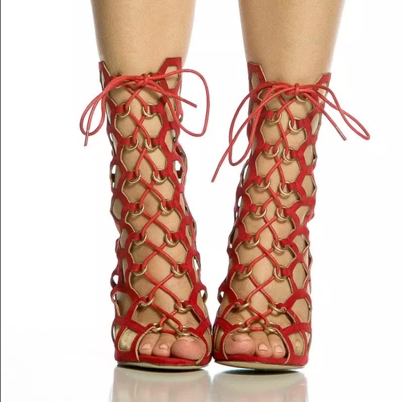 RED honeycomb caged strappy lace up heels 6.5