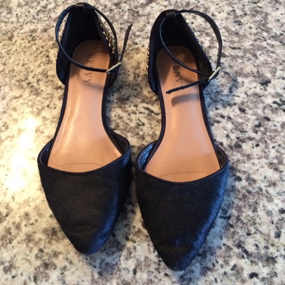 Black calf hair ankle strap flats