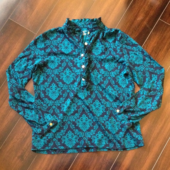 Lands' End Tops - Long Sleeved Blue Damask Top