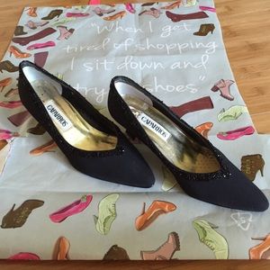 BLACK DRESS SHOES MODERATE HEEL WITH BEADED TRIM