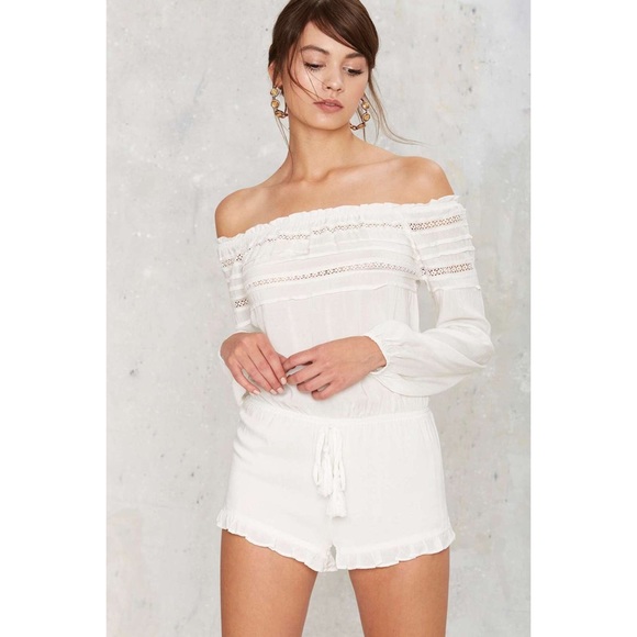 White Crochet Lace Trim Off Shoulder Romper - Picture 2 of 4