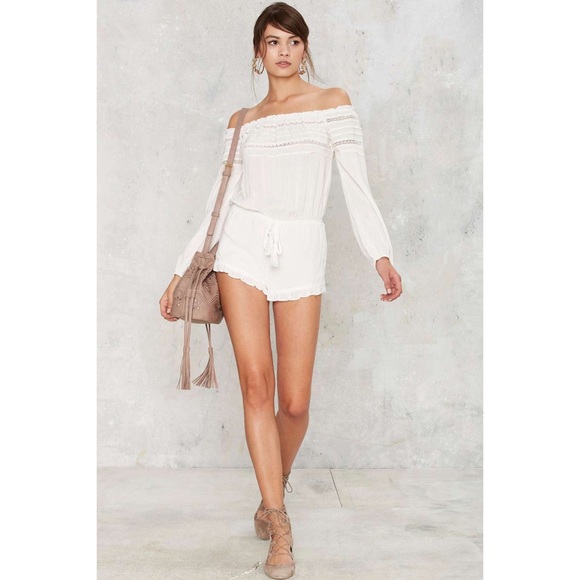 White Crochet Lace Trim Off Shoulder Romper - Picture 4 of 4